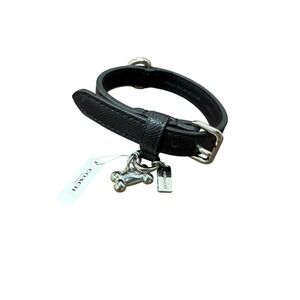Coach Small Dog Collar Black Crossgrain Leather Silver Bone Charm F26177 NEW